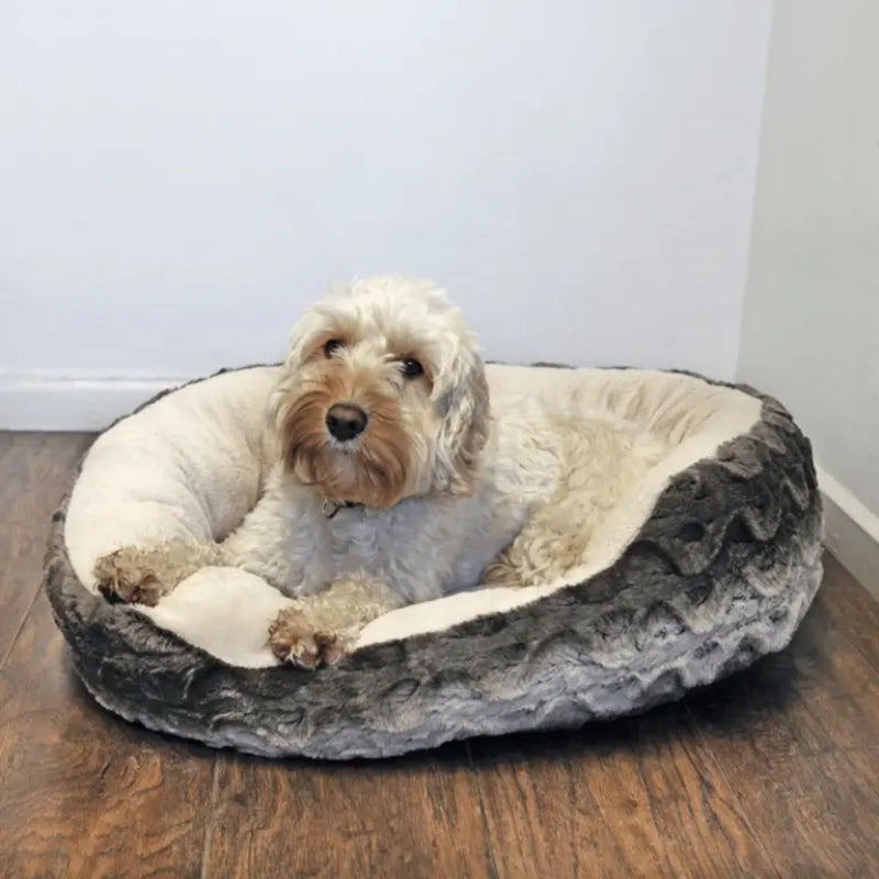 Rosewood Snuggle Plush Oval Bed – Grey & Cream