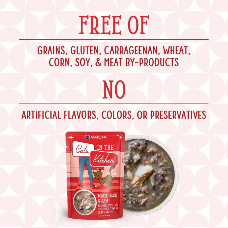 Weruva Cats in the Kitchen Mack, Jack and Sam - Salmon, Mackerel & Skipjack Tuna in Gravy