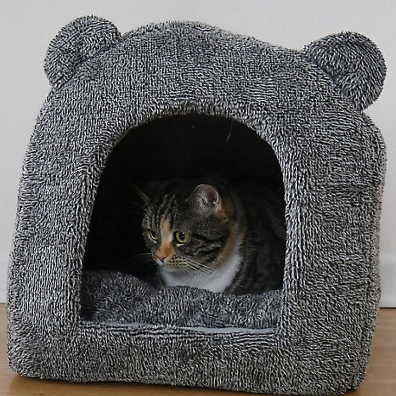 Rosewood Teddy Bear Cat Bed – Soft Plush Square