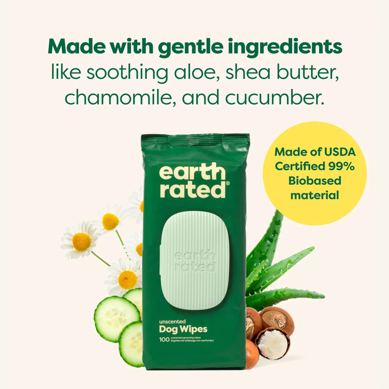 Earth Rated Hypo-Allergenic Dog Wipes for Paws, Body & Bums – 100pk