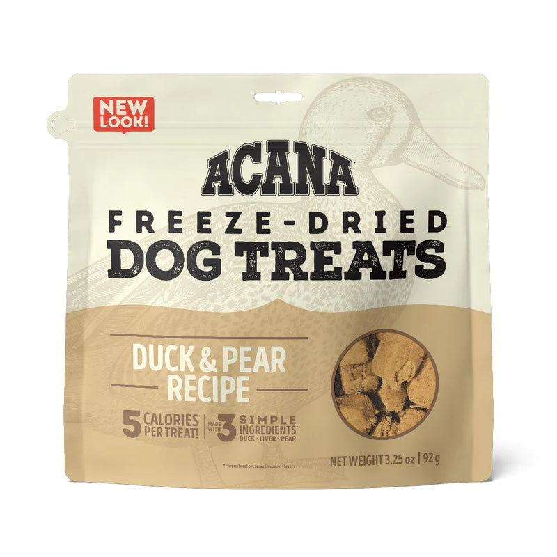 Acana freeze-dried dog treats packaging with duck and pear flavor on a white background