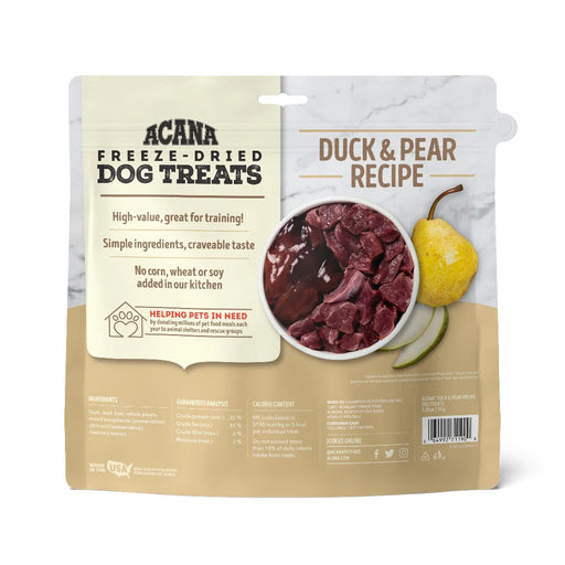 Acana freeze-dried dog treats packaging with duck and pear recipe on a white background